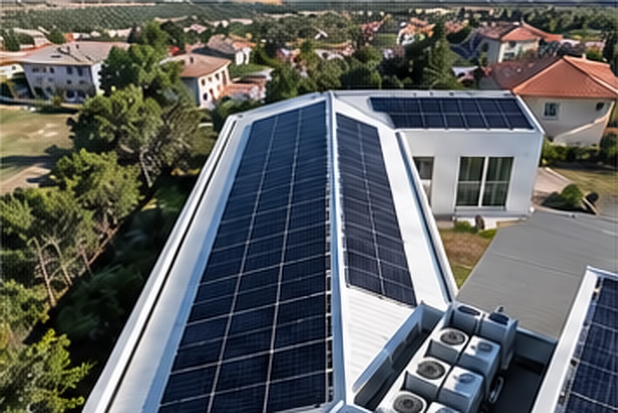 Impianto fotovoltaico sul tetto di un edificio, con le unità esterne