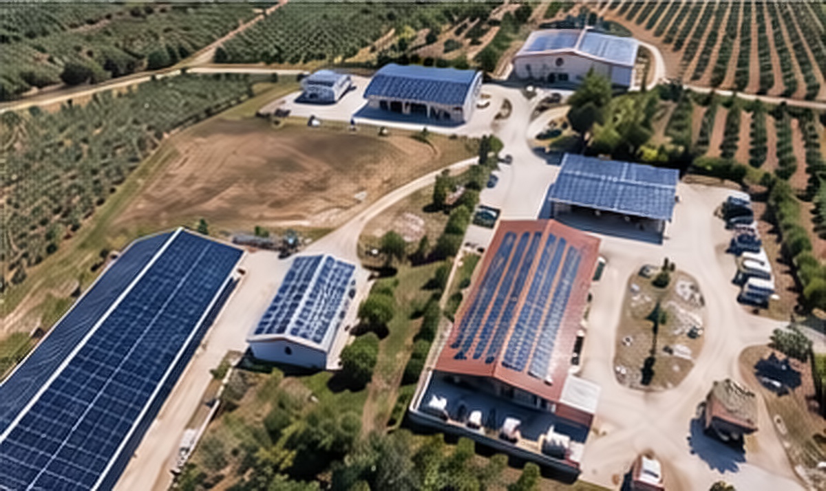 Vista aerea di capannoni con impianti fotovoltaici sul tetto, fra gli uliveti